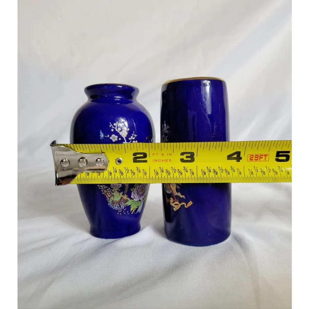 2 Vintage Miyako Mini Vases Cobalt Blue W/ Gold‎ Accents Floral & Peacock